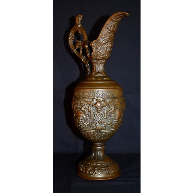 Antique Victorian Cast Metal Ewer Pitcher 12.5” Ornate Bacchus Grape Vines Urn For Sale - Image 4 of 15