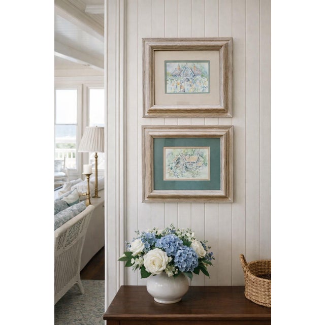 A charming coordinated pair of original watercolor paintings by artist Tisha Whitney, each signed lower right. These soft...