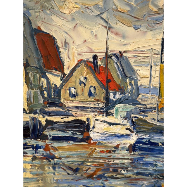 Scandinavian School, Port with Moored Sailboats, 1950s, Oil on Panel, Framed For Sale - Image 10 of 14