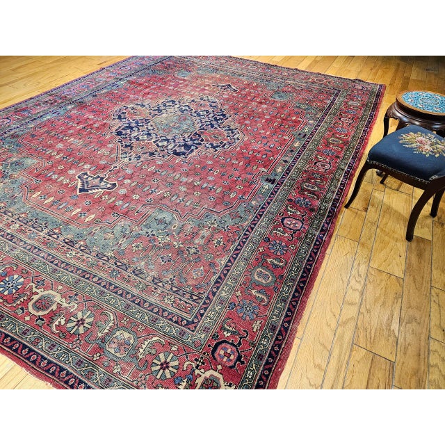 Vintage Turkish Heriz Rug, Hand-Knotted Wool, Geometric Medallion Design, Red & Green, 12x14 For Sale - Image 4 of 16