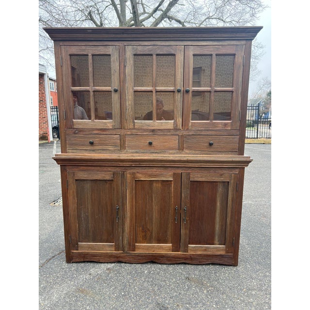 Rustic Wood Hutch Cabinet With Glass Doors and Drawers For Sale - Image 4 of 9