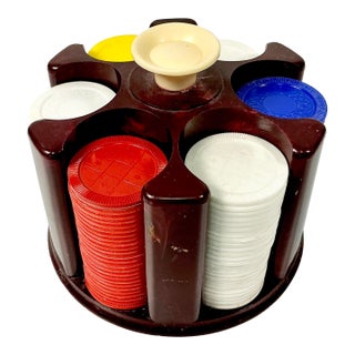 Mid-Century Boho Chic Americana Poker Chips and Plastic Storage Caddy For Sale