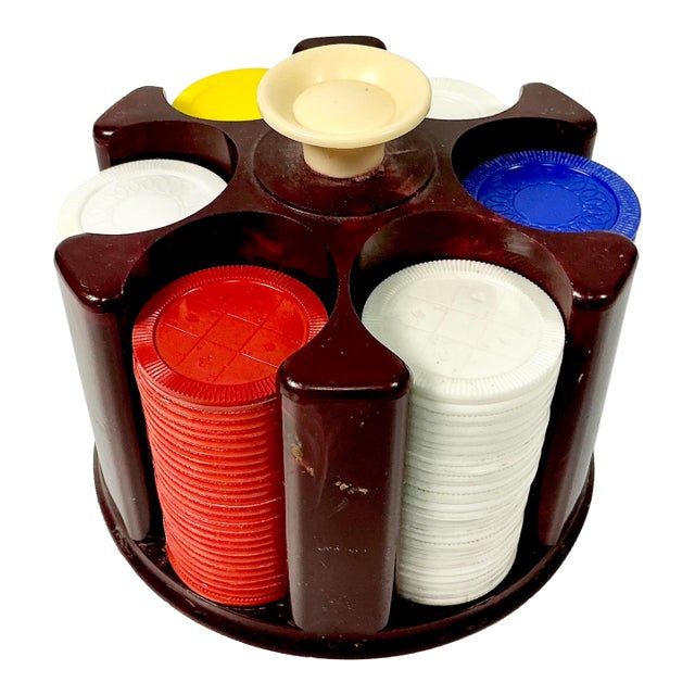 Mid-Century Boho Chic Americana Poker Chips and Plastic Storage Caddy For Sale