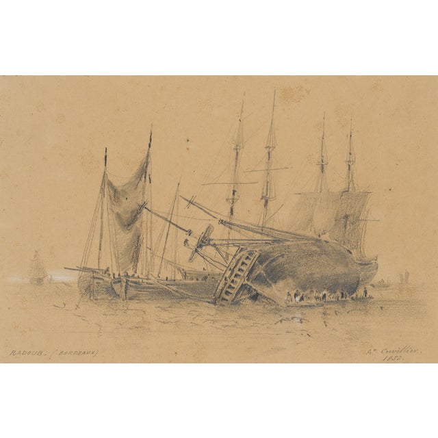 H. Cuvillier, Sailing ship keelhauling on the beach, 1853, Pencil For Sale