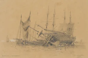 H. Cuvillier, Sailing ship keelhauling on the beach, 1853, Pencil