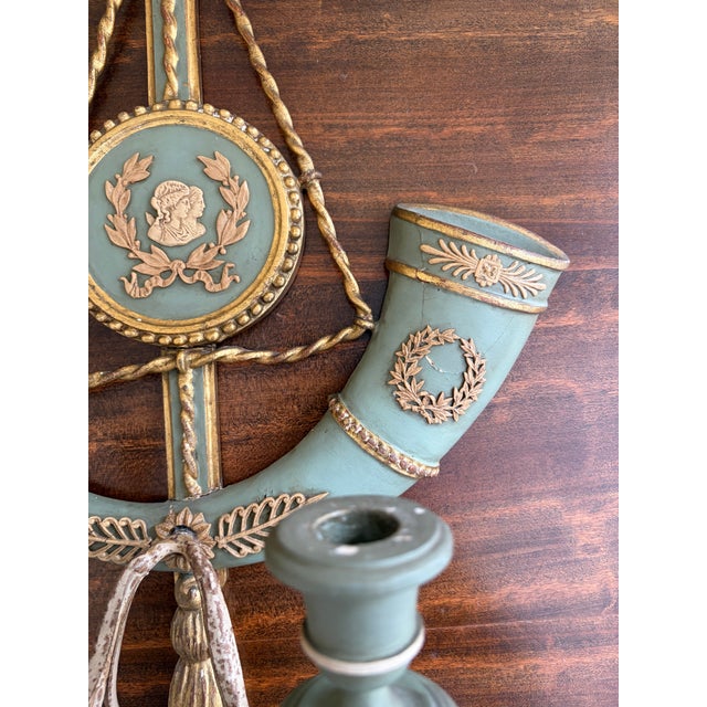 Pair of Italian Neoclassical Sconces in Celadon Green and Gilt For Sale In South Bend - Image 6 of 16