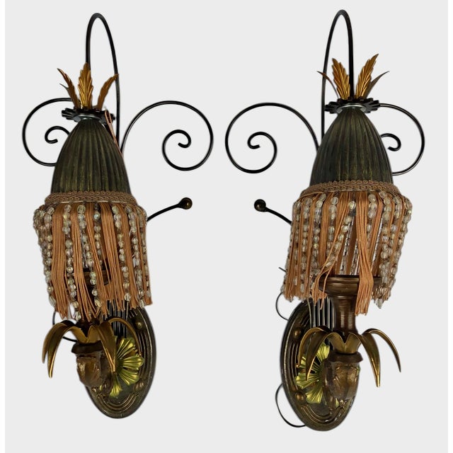 1970s Hollywood Regency Italian Gilt Torchère Wall Sconces With Beaded Fringe Shades - a Pair For Sale - Image 4 of 11