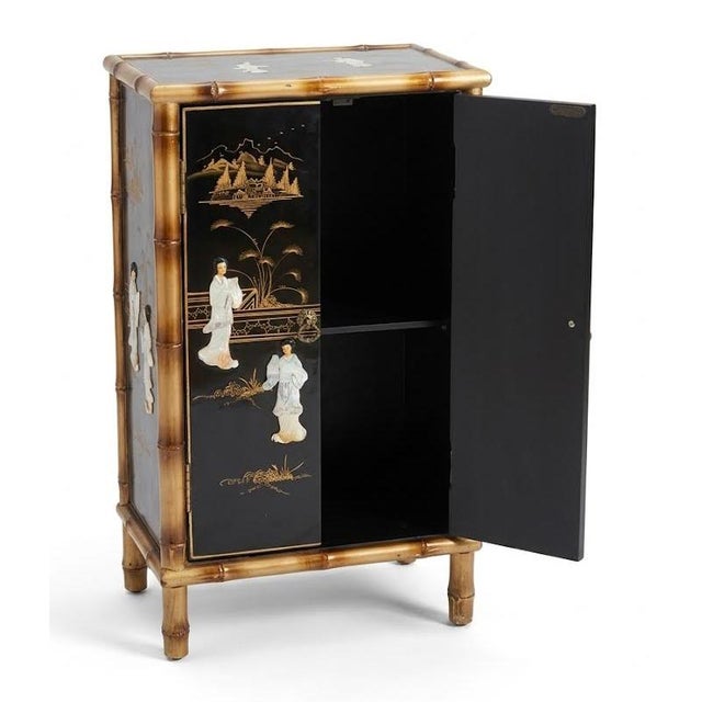Chinoiserie Vintage Black Lacquer & Faux Bamboo Chinoiserie Narrow Accent Cabinet With Mother-of-Pearl Inlay For Sale - Image 3 of 10