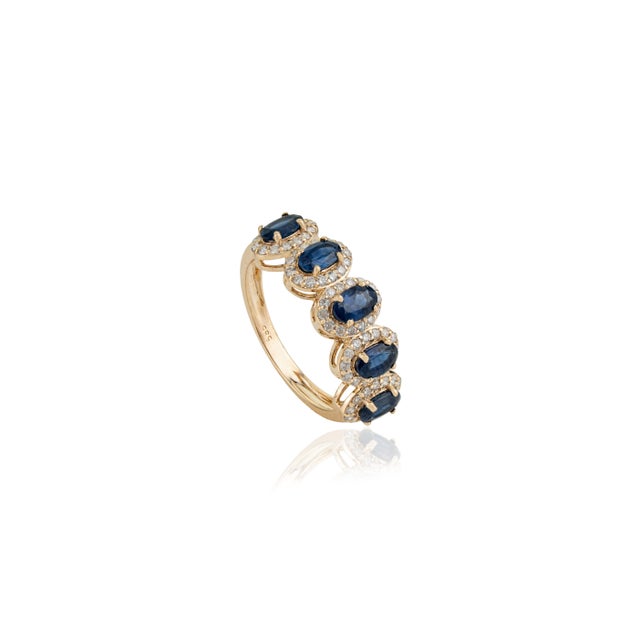 Modern Deep Blue Sapphire & Diamond Halo Half Eternity Ring Size 8 in 14k Gold For Sale - Image 4 of 15