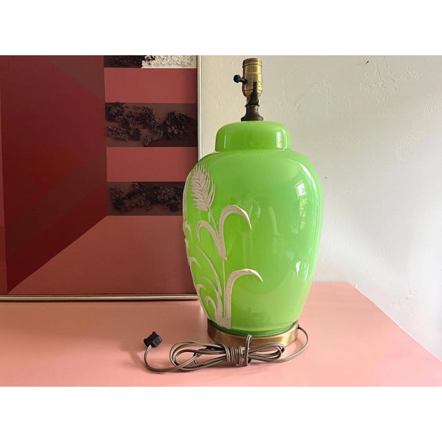 1970s Green Palm Ginger Lamp & Shade For Sale - Image 15 of 18