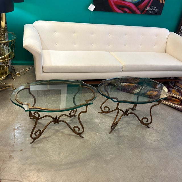 Gilt Metal and Custom 3/4 Inch Notched Glass Side/ Cocktail Tables a Pair For Sale - Image 10 of 10