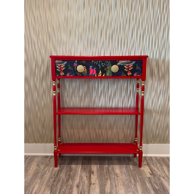 Solid Wood Console Table, Narrow Hallway Furniture, Red and Gold Palm Beach Tropical Decor For Sale - Image 11 of 11