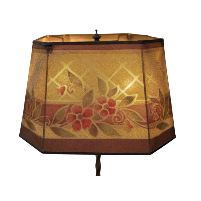Antique Wire Mesh Rembrandt Style Shade With Painted Stenciled Red Rose and Green Floral Design on 1920s Painted Gold Floor Lamp For Sale - Image 4 of 15