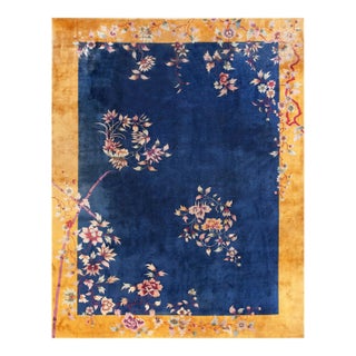 1920s Royal Blue Floral Antique Chinese Art Deco Rug 8'10" X 11'4" Handknotted Wool Carpet For Sale