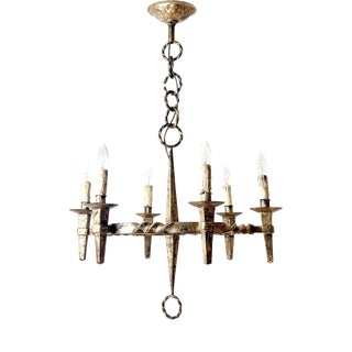 Arts and Crafts Golden Hand-Forged Six-Light Iron Chandelier, Germany, 1920s For Sale