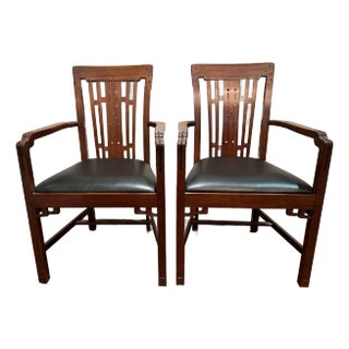 Stickley Blacker House Arm Chair With Black Leather Seat - Set of 2 For Sale