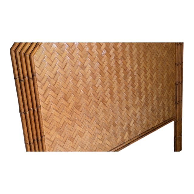 Hollywood Regency Vintage Faux Bamboo Full Headboard With Herringbone Parquet Rattan, in the Style of Dixie For Sale - Image 3 of 10