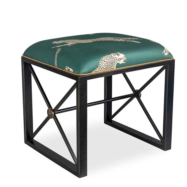 The Medallion Single Black Bench is shown with Scalamandre's whimsical "Leaping Cheetah" fabric in Evergreen. We have...