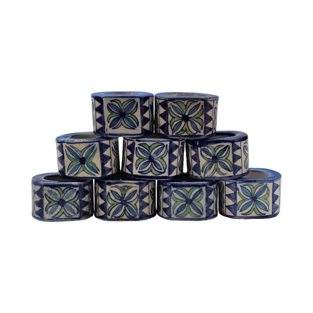 Mexican Talavera Hand-Painted Pottery Napkin Rings Set of 9 2" For Sale - Image 10 of 11