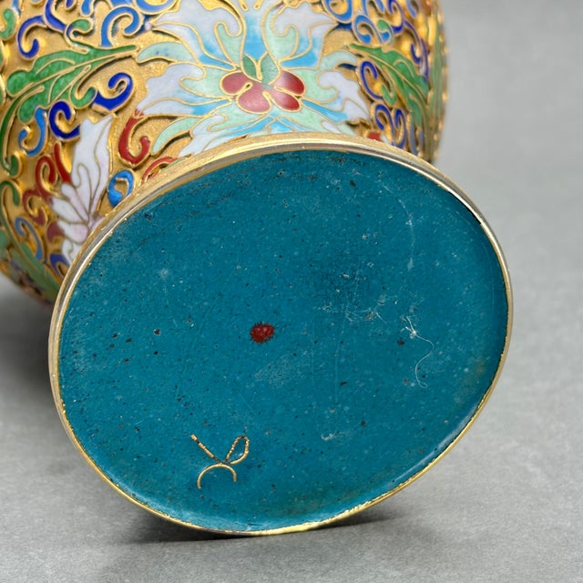 Vintage Chinese Cloisonné Enamel Floral Lotus Vase For Sale - Image 9 of 9