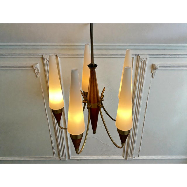 An exceptionally rare five-arm chandelier designed by Bent Karlby for Lyfa, Denmark, dating to the 1960s. A sculptural and...