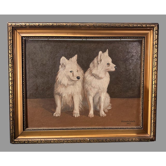 Antique Gold Framed Still Life Portrait of 2 Dogs Signed Oil Painting on Canvas For Sale - Image 6 of 6