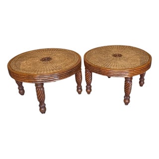 Pair Anglo-Indian / Tradewinds-Style Carved Hardwood & Cane Low Tables / Benches For Sale