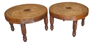 Pair Anglo-Indian / Tradewinds-Style Carved Hardwood & Cane Low Tables / Benches