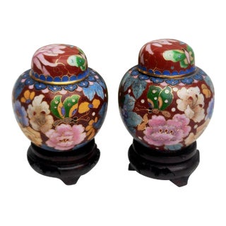 Pair of Vintage Cloisonné Enamel Lidded Jars – Butterfly & Floral Motif, With Original Box For Sale