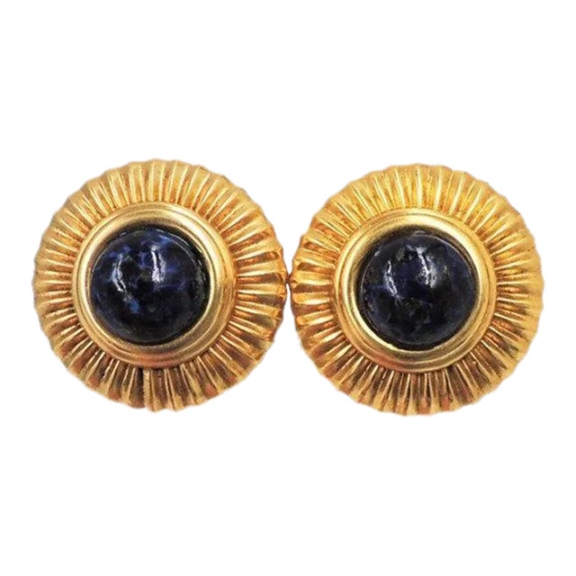 Vintage Pellini Italy Big Cabochon Faux-Lapis Clip Earrings - 2 Pieces For Sale