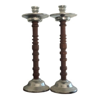 Vintage Mexican Wood & Aluminum Tall Candlestick Holders For Sale