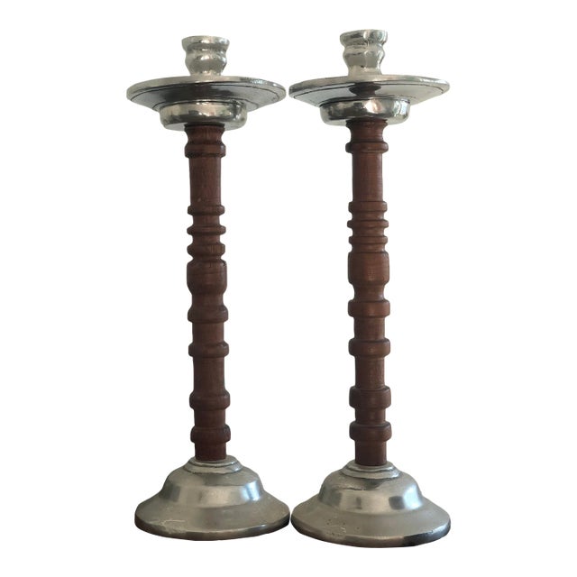 Vintage Mexican Wood & Aluminum Tall Candlestick Holders For Sale