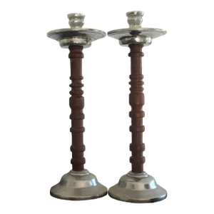 Vintage Mexican Wood & Aluminum Tall Candlestick Holders