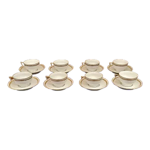 1980s Vintage Reynaud Cerelene Marie Antoinette Gold Cups and Saucers Set- 16 Pieces