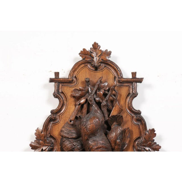 Wood Black Forest Period 19th Century German Oak Wall Carving with Hunting Trophy For Sale - Image 7 of 12