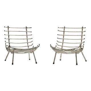 Set of White Rib Chairs in Metal and Brass, Brazil, 1950s For Sale