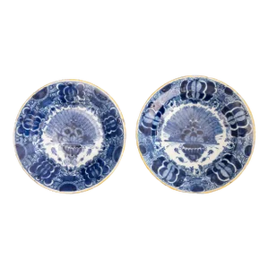 Antique 18th Century Dutch Delft Faience Peacock Plates - a Pair