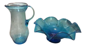 Mid-Century Modern Large Hand Blown Glass Bowl and Pitcher
