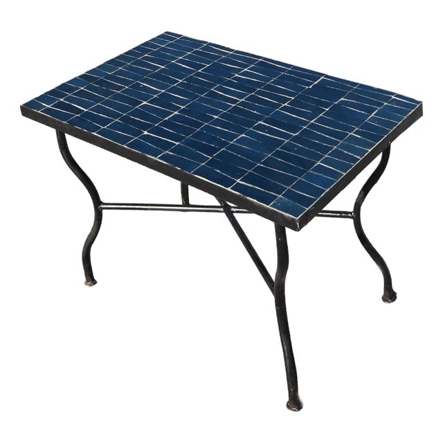 Petrol Blue Handcrafted Rectangular Mosaic Tile Accent Table For Sale
