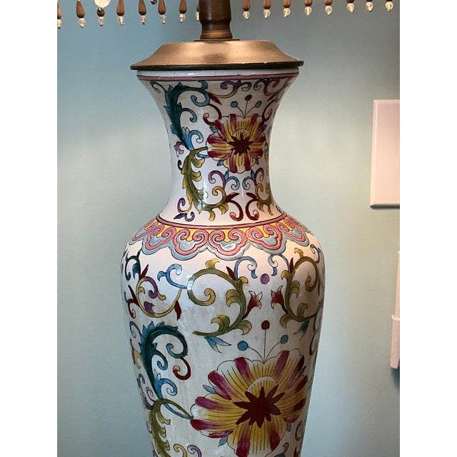 1970s Bombay Table Lamps Porcelain White Floral Oriental Accent Fringe Shades Set of 2 For Sale In Los Angeles - Image 6 of 17