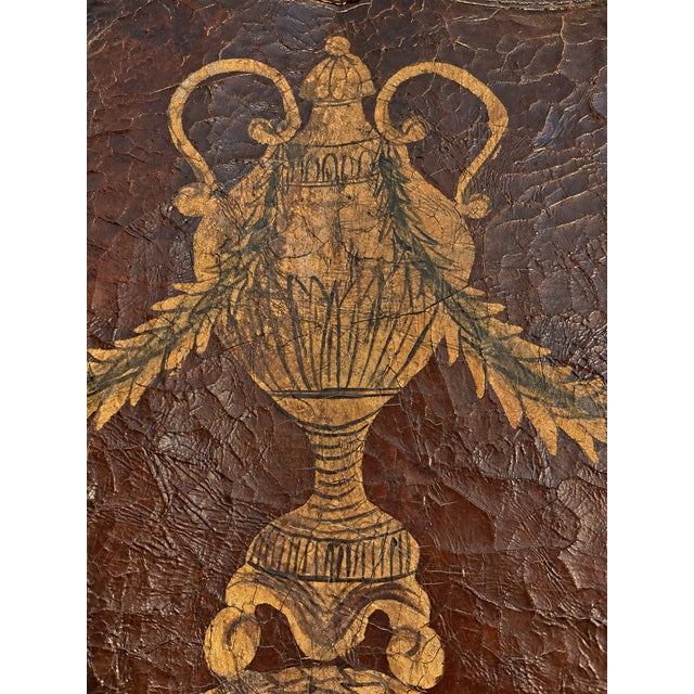 Large Antique Hand-Painted Leather Wall Hanging – Neoclassical Arabesque Motif For Sale In Greenville, SC - Image 6 of 13
