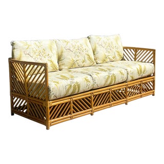 Vintage Coastal Chevron Rattan Fern Print Sofa For Sale