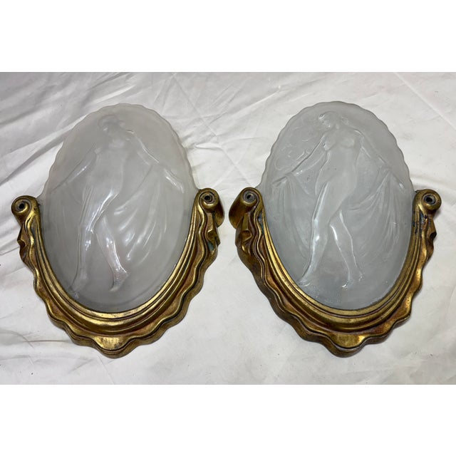 French Antique Muller Freres Luniville Nymphs Bronze Glass Wall Sconces Fixtures - a Pair For Sale - Image 3 of 13