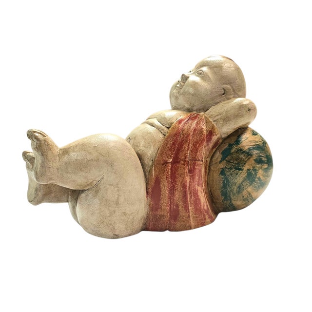 Figurative Vintage Chinese Hand-Carved Lucky Baby Sculpture on Melon 10.25" For Sale - Image 3 of 10