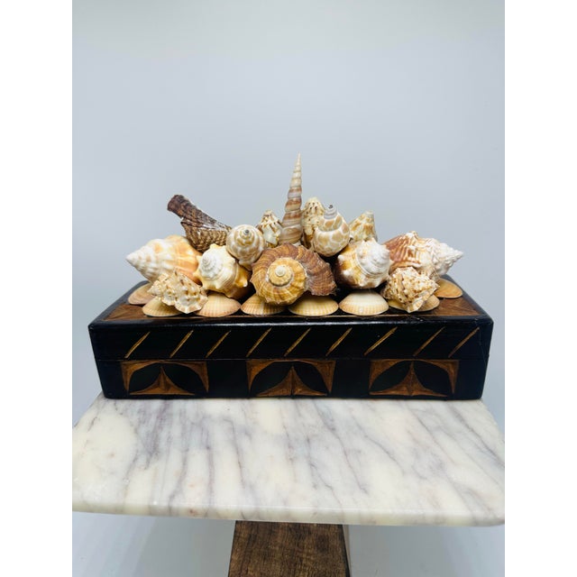 Brown Vintage Carved Wooden Box With Shells For Sale - Image 8 of 11