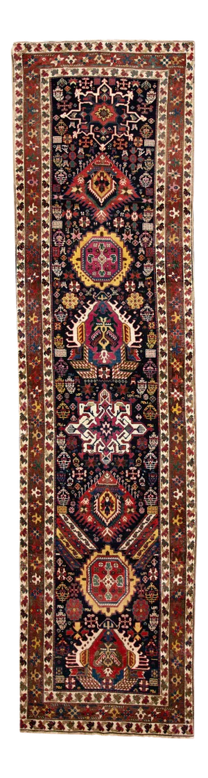 20th Century Antique Caucasian Kazak Multicolor Designed Blue Wool Runner