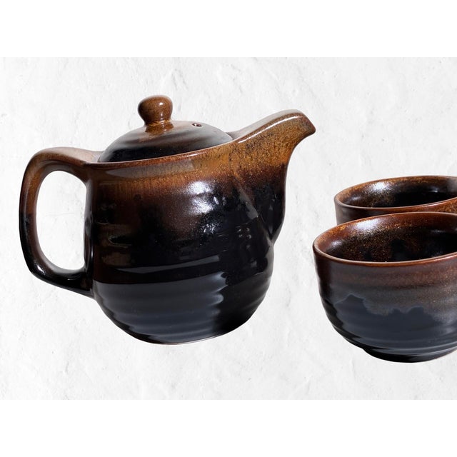 Vintage Japanese Stoneware Tea Service in Smoky Tenmoku Glaze — Set of 6 For Sale - Image 4 of 12