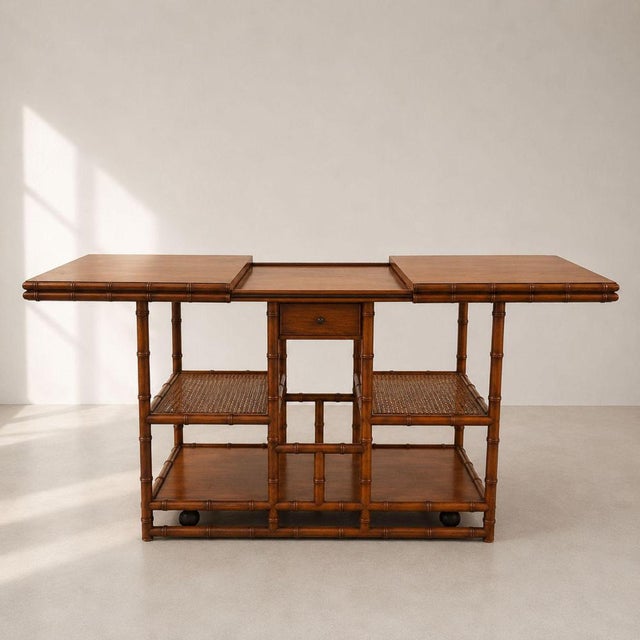 Elegant 1970s Italian sideboard made of turned wood in the style of bamboo. The structure features cylindrical uprights...