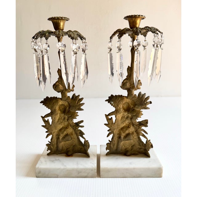 Brass Pair of Antique Brass Victorian Girandole Candlesticks With Marble Base & Prisms For Sale - Image 8 of 12