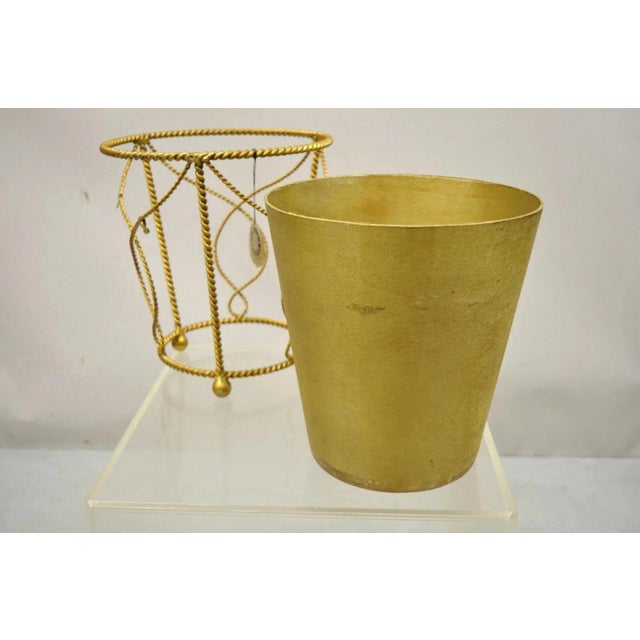 Vintage Italian Hollywood Regency Gold Gilt Iron Tole Wastebasket Trashcan For Sale - Image 12 of 12